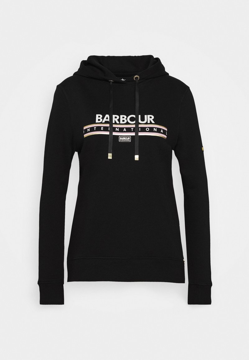 Černá mikina s kapucí vyrobená z bavlněné směsi, se stahovací šňůrkou, předním logem v bílé a růžové barvě a žebrovanými manžetami a spodním lemem.