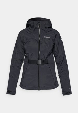 Veste isolée noire avec fermeture éclair à l'avant, capuche ajustable et taille ceinturée. Présente un logo sur la poitrine et des poignets en Velcro. Texture lisse.