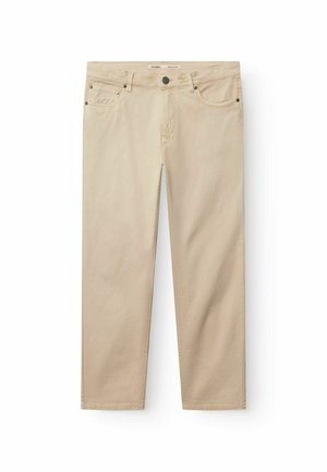 Bézs pamut nadrág egyenes szabással, öt zsebbel, fém gombbal és minimális varrással.