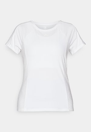 Witte sportt-shirt met gaaspanelen op de schouders en zijkanten, ronde halslijn en korte mouwen. Glad textuur en lichtgewicht ontwerp.