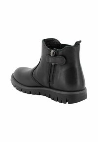Stivale alla caviglia in pelle nera con cerniera laterale, punta tonda e suola in gomma strutturata. Presenta una finitura liscia e un design minimalista.