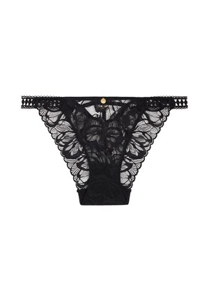 String en dentelle noire avec motif floral, design en mesh doux, bords festonnés et décorations découpées sur la taille.
