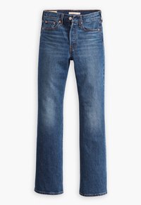 Jean droit bleu en denim avec un design classique à cinq poches et fermeture par bouton, présentant un léger délavage sur les cuisses et les genoux.