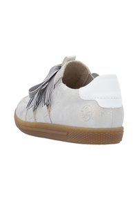 Gray suede sneaker with black and white striped laces, white heel accent, and a textured gum sole. Side logo visible.