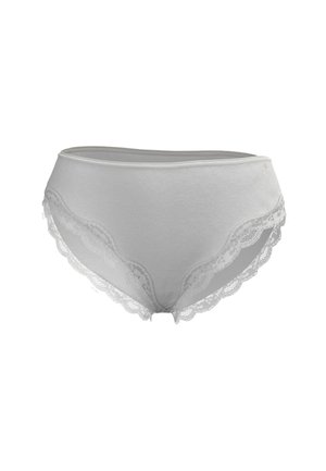 Weiße Baumwoll-Slips mit hoher Taille und einer wellenförmigen Spitzenverzierung entlang der Ränder, mit glatter Textur und elastischem Bund.