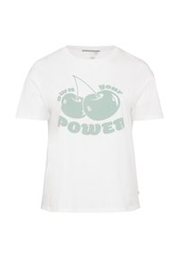 Biała bawełniana koszulka z grafiką przedstawiającą dwie zielone wiśnie oraz napisem "posiadaj swoją MOC" w zabawnym kroju pisma. Krótkie rękawy, luźny krój.