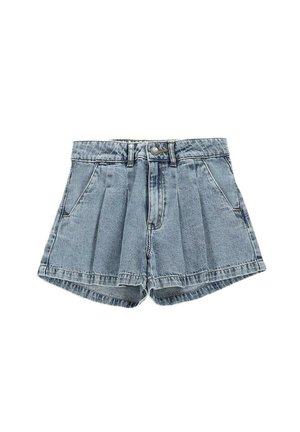 Jasnoniebieskie szorty z denimu o wysokim stanie, z plisami z przodu, bocznymi kieszeniami, szlufkami na pasek, zapięciem na guzik i zamkiem błyskawicznym.