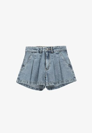 Jasnoniebieskie szorty z denimu o wysokim stanie, z plisami z przodu, bocznymi kieszeniami, szlufkami na pasek, zapięciem na guzik i zamkiem błyskawicznym.