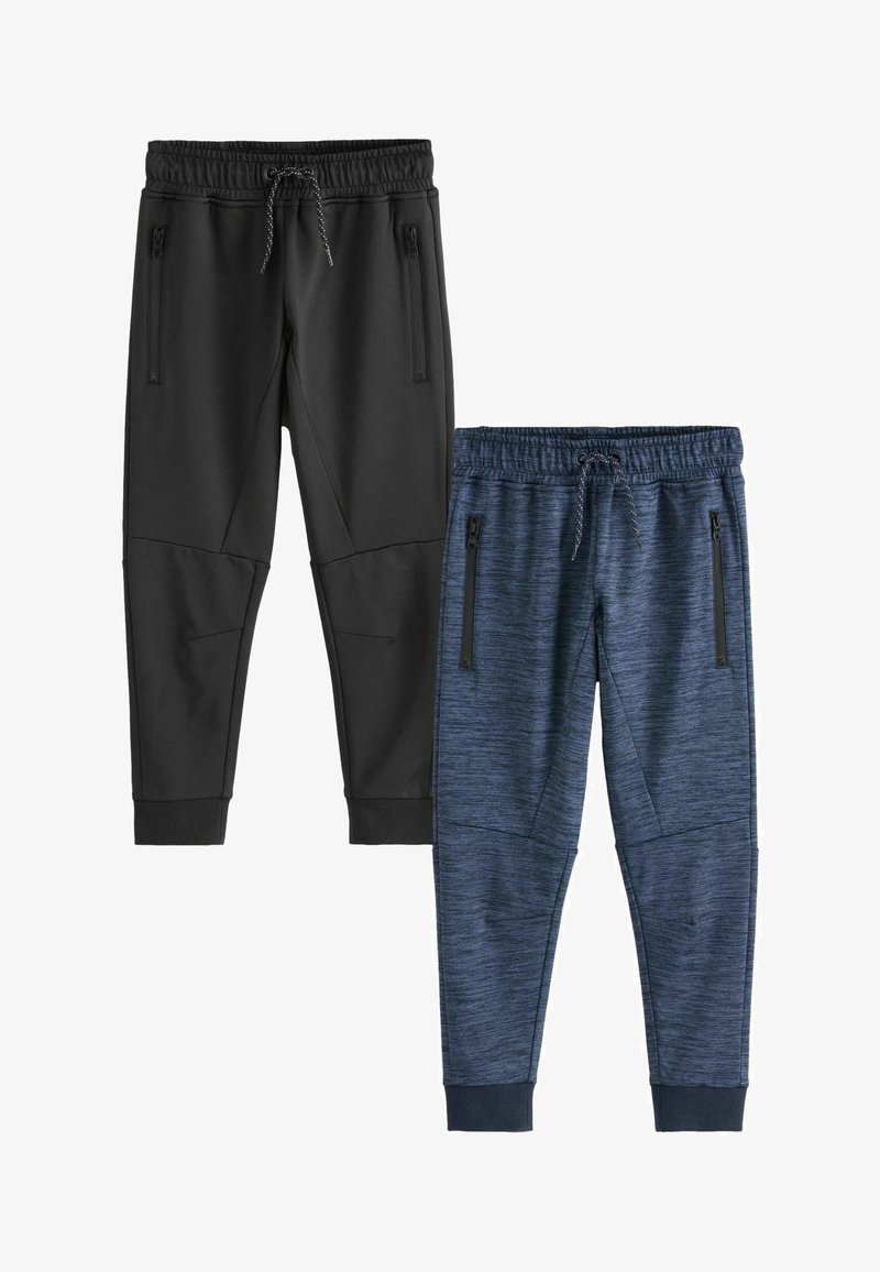 Schwarze und marineblaue sportliche Jogginghosen mit elastischem Bund, Kordelzug und mit Reißverschlüssen versehenen Seitentaschen; strukturierter Stoff mit kontrastierenden Farben.
