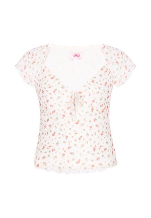 Witte korte mouwen blouse met een klein roze bloemmotief, V-hals en een voorstrikdetail.