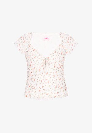 Witte korte mouwen blouse met een klein roze bloemmotief, V-hals en een voorstrikdetail.