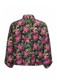 Afskåret sort jakke med et livligt blomsterdesign i pink og grøn. Har en kravekrave og oprullede ærmer, tekstureret stof.