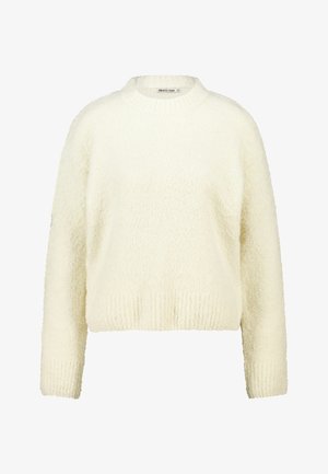White, fluffy knit sweater with a round neckline, dropped shoulders, and ribbed cuffs and hem. Soft texture and relaxed fit.