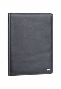 Black leather folder with rounded corners and a small silver rhino logo at the bottom right corner on a white background.