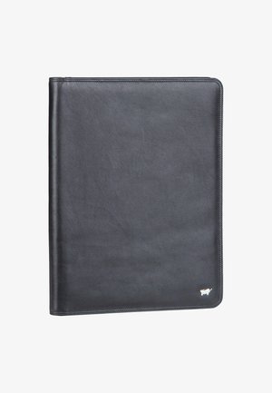 Schwarze Lederordner mit abgerundeten Ecken und einem kleinen silbernen Rhinozeros-Logo in der unteren rechten Ecke vor weißem Hintergrund.