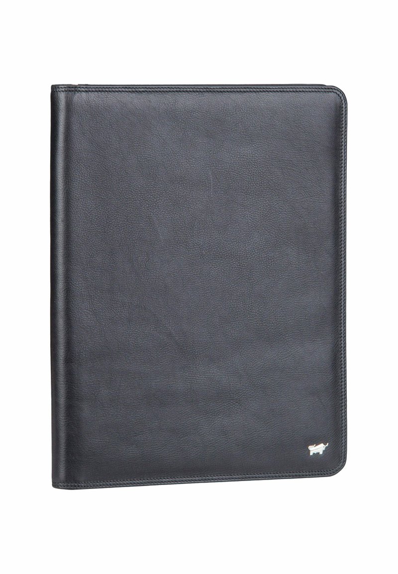 Black leather folder with rounded corners and a small silver rhino logo at the bottom right corner on a white background.