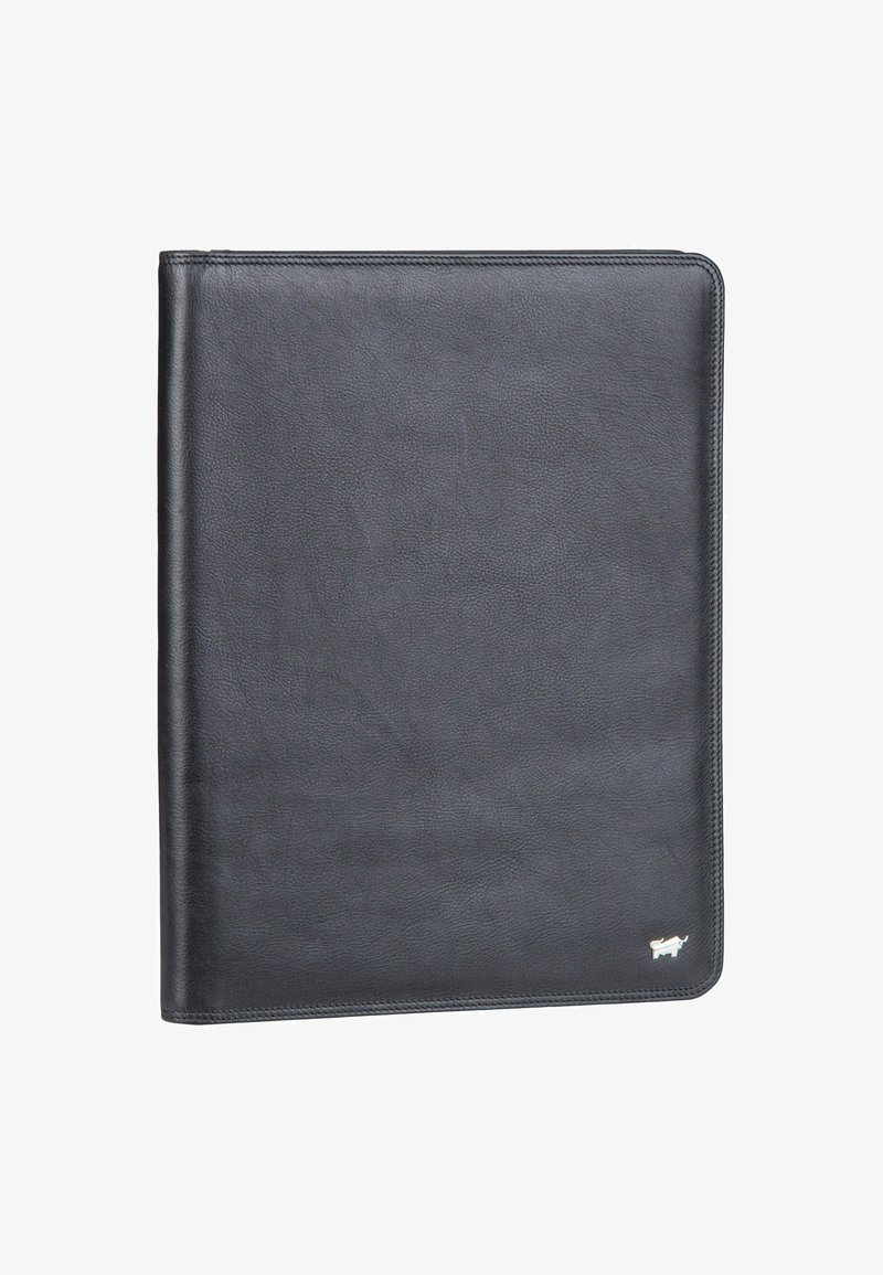Black leather folder with rounded corners and a small silver rhino logo at the bottom right corner on a white background.