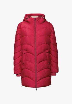 Giacca invernale rossa imbottita con cappuccio, zip frontale, tasche laterali con bottone a scatto e motivo a zigzag.