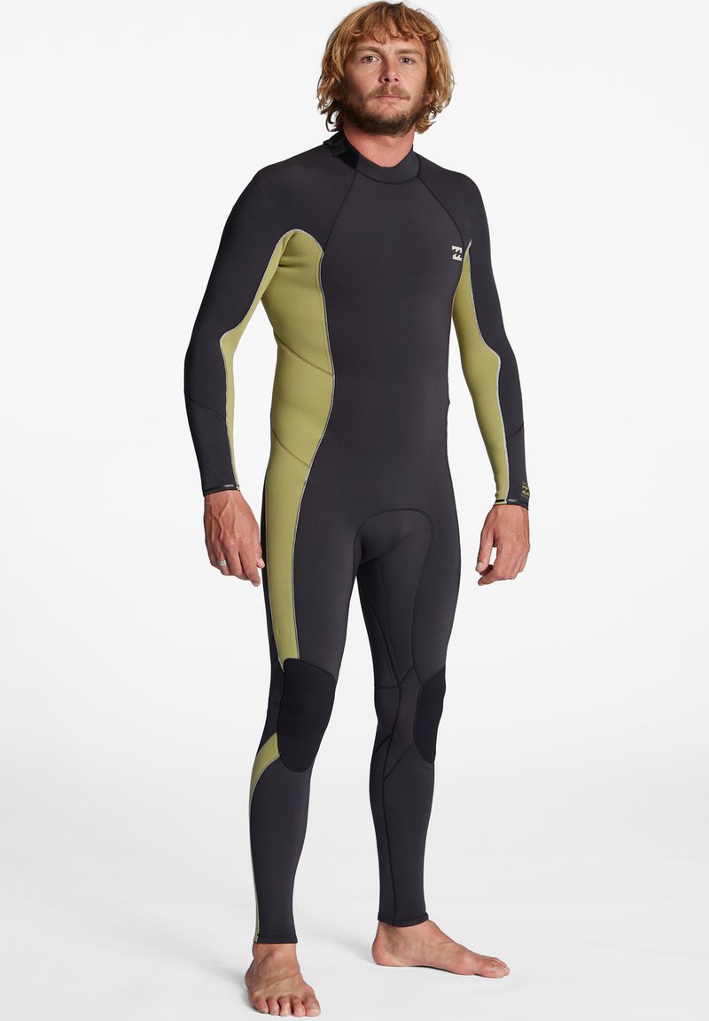 Full wetsuit made of stretchy black neoprene with olive green side panels. Features knee pads and a high neck design.