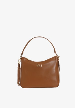 Borsa a tracolla in pelle marrone con una texture liscia, dettagli in oro e un design semplice e curvo. Dotata di chiusura con zip e tracolla regolabile.