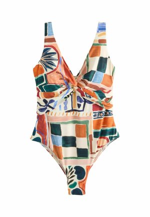 One-piece swimsuit with twisted front, featuring abstract geometric and botanical patterns in orange, green, blue, and cream colors.
