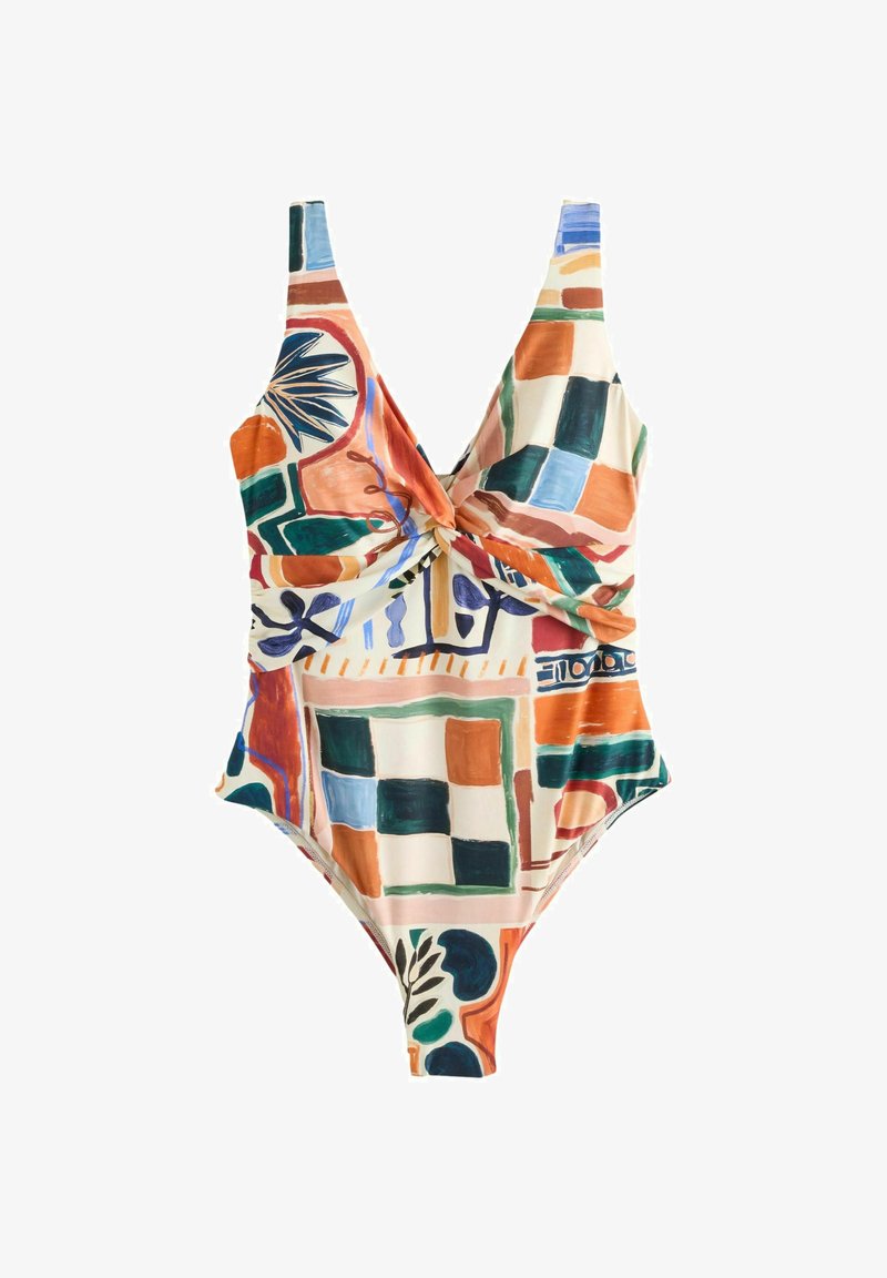 Costum de baie întreg cu față răsucită, având modele geometrice abstracte și botanice în culori portocaliu, verde, albastru și crem.