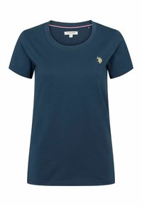 Sötétkék pamut póló rövid ujjakkal, kerek nyakkal és egy kis arany logóval a bal mellrészen. Lepattintott varratokkal és egyszerű dizájnnal.