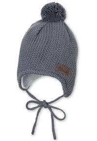 Gray knitted hat with a rounded top and pom-pom. Features a snug ear flap design, soft lining, and adjustable tie closures. Brown brand label visible.