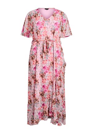 Vaaleanpunainen kukallinen kietaisumekko, jossa on lyhyet hihat, V-aukko, vyötärönauha ja röyhelöhelma.