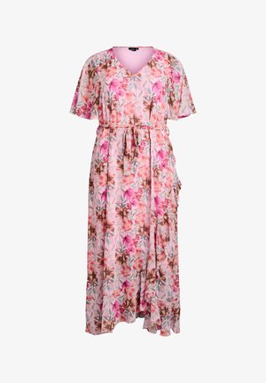 Rozā ziedu raksta iesaiņojuma stila kleita ar īsām piedurknēm, V veida izgriezumu, jostas saiti un volānu apakšmalu.