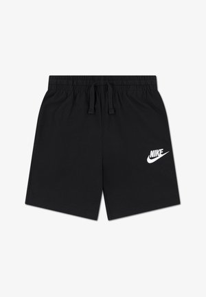 Schwarze Sportshorts mit elastischem Bund, Kordelzugverschluss und weißem Nike-Logo auf der linken Seite. Hergestellt aus weichem Stoff.
