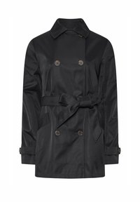 Musta trench coat, joka on valmistettu sileästä kankaasta ja jossa on kaksiriviset napit, vyöllinen vyötärö, sivutaskut ja klassinen kaulus.