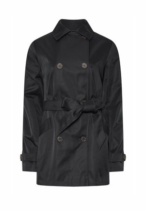 Cappotto lungo nero in tessuto liscio, con bottoni doppi, vita con cintura, tasche laterali e colletto classico.