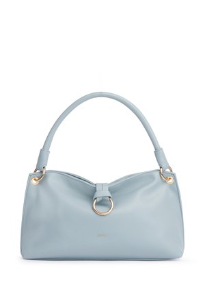 Borsa a mano in pelle azzurro chiaro con manico singolo arrotondato, dettaglio anello dorato sul davanti e piccolo nome del marchio "Mirage" al centro in basso.