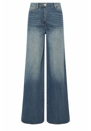 Blauwe denim jeans met wijde pijpen, vervaagde wassing en knoopsluiting aan de voorkant.