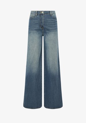 Blauwe denim jeans met wijde pijpen, vervaagde wassing en knoopsluiting aan de voorkant.