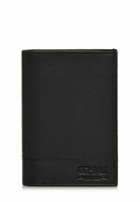 Czarny skórzany portfel o teksturowanej powierzchni, w pionowej orientacji, z wytłoczonym logo z przodu. Prosty design bez ozdób.