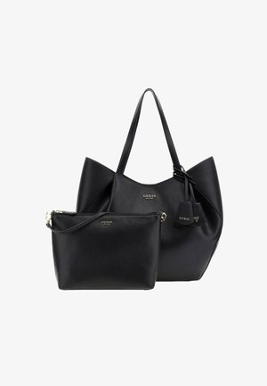 Grand sac fourre-tout noir en cuir, de forme large et avec des poignées courtes, accompagné d'une petite pochette noire en cuir ; les deux présentent des finitions en métal argenté.
