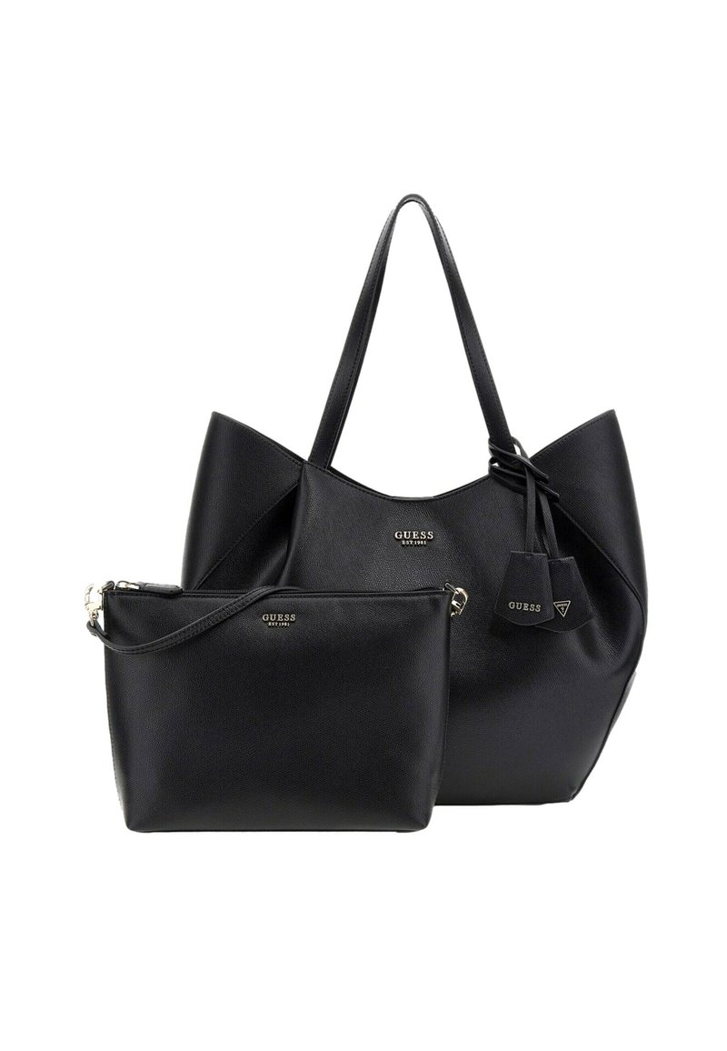 Grande borsa a tracolla nera in pelle con forma ampia e manici corti, accompagnata da un piccolo pouch in pelle nera; entrambe presentano accessori in argento.