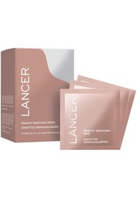 Die LANCER Make-up-Entferner-Tücher-Box ist mattschwarz mit silbernen Akzenten. Sie enthält 30 Einwegtücher in einzelnen rosenfarbenen Verpackungen. Jedes Tuch misst 20 x 15 cm.