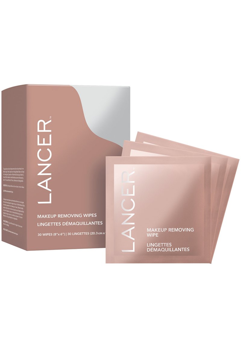 Die LANCER Make-up-Entferner-Tücher-Box ist mattschwarz mit silbernen Akzenten. Sie enthält 30 Einwegtücher in einzelnen rosenfarbenen Verpackungen. Jedes Tuch misst 20 x 15 cm.