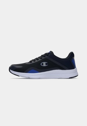 Black athletic shoes with blue accents, a sleek design, textured material, lace closure, and a white midsole. Logo visible on the side.