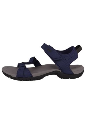 Navy blue open-toe sandals with adjustable straps, a cushioned gray sole, and textured accents on the upper material. Lightweight design.