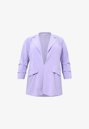 Lila blazer met een op maat gemaakt ontwerp, open voorkant, driekwart mouwen en twee voorzakken. Soepele, lichte stof zonder patronen.
