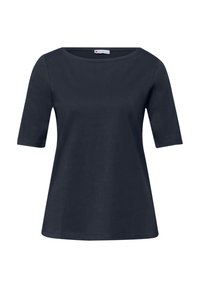 T-shirt pour femmes bleu marine à manches courtes, avec un col rond, un ourlet droit et une texture de tissu simple et lisse.