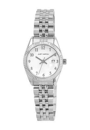 Silver stainless steel wristwatch with a round white face, Arabic numerals, date window, and link bracelet. Features a textured bezel.
