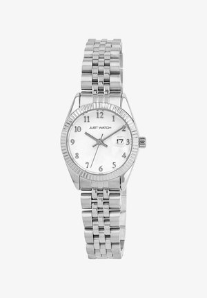 Silver stainless steel wristwatch with a round white face, Arabic numerals, date window, and link bracelet. Features a textured bezel.