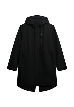 Zwarte waterdichte parka met capuchon, ritssluiting aan de voorkant, twee zijzakken en een ritssluiting op de borst. Heeft een ontspannen pasvorm en een middellange ontwerp.