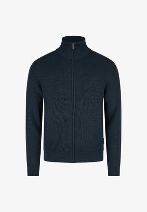 Marineblauer Reißverschluss-Cardigan aus geripptem Stoff. Verfügt über einen hohen Kragen, lange Ärmel und einen geraden Saum.
