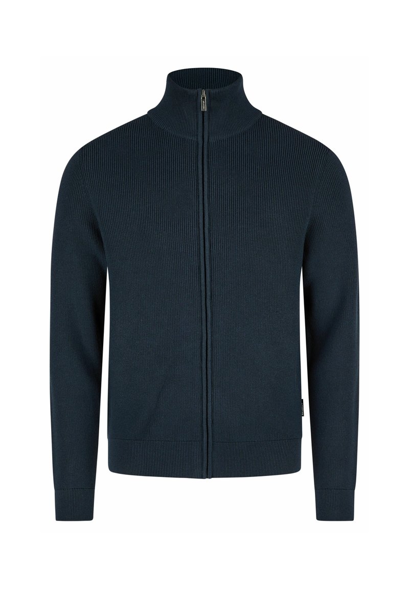 Marineblauer Reißverschluss-Cardigan aus geripptem Stoff. Verfügt über einen hohen Kragen, lange Ärmel und einen geraden Saum.